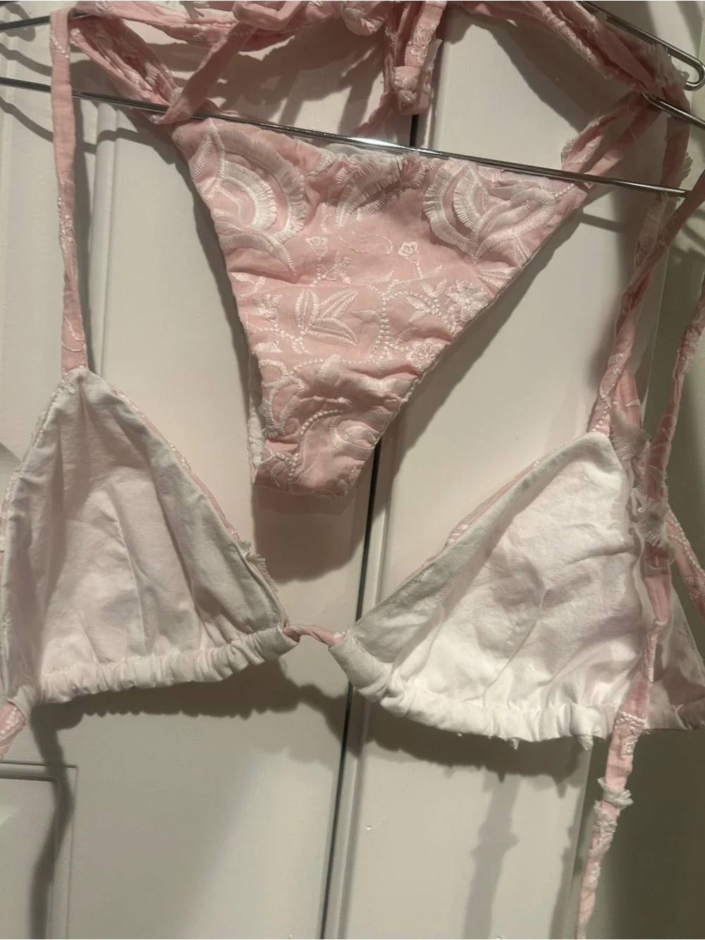 Couture Delicate Cotton Pink Embroidered Triangle Bikini Set